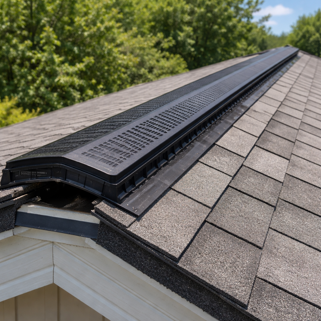 A photorealistic image related to what-is-a-ridge-vent-on-a-roof. Alt: what-is-a-ridge-vent-on-a-roof