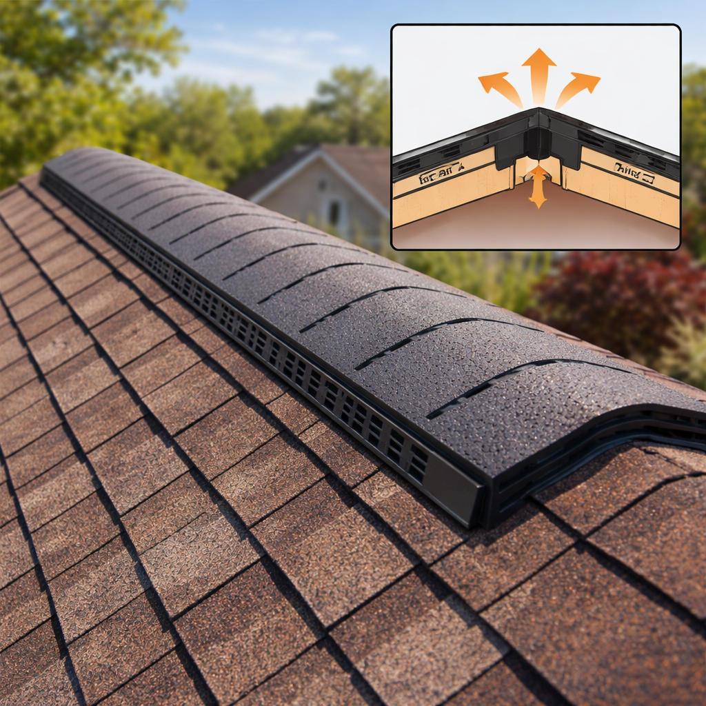 A photorealistic image related to what-is-a-ridge-vent-on-a-roof. Alt: what-is-a-ridge-vent-on-a-roof