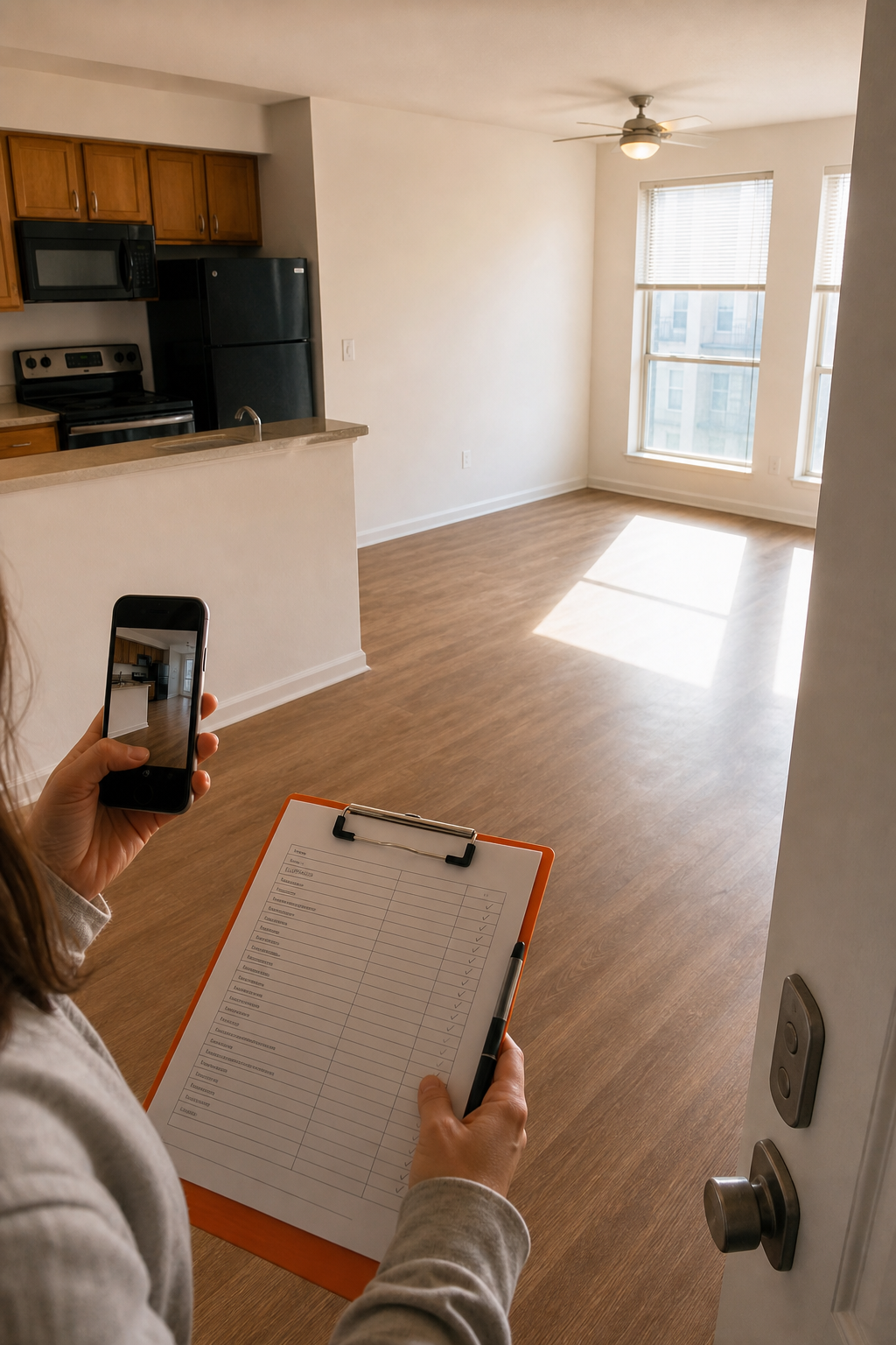 A realistic renter photographing a clean empty apartment during move-out, focus on floors, walls, appliances, and a dated checklist without readable personal details, natural afternoon light, lived-in residential setting, orange accent color #FF6B00, no phone numbers. Alt: what is a security deposit move-out photos and renter documentation