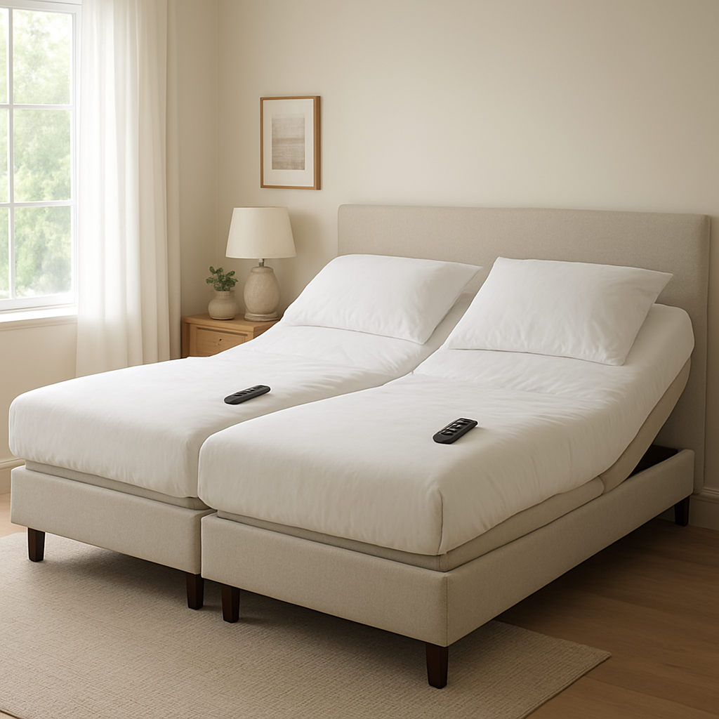 A photorealistic Australian bedroom showing a split king adjustable bed with two clearly separate halves, each half with its own remote, in a bright, calm space. Alt: Split King bed with independent controls in a cozy bedroom.