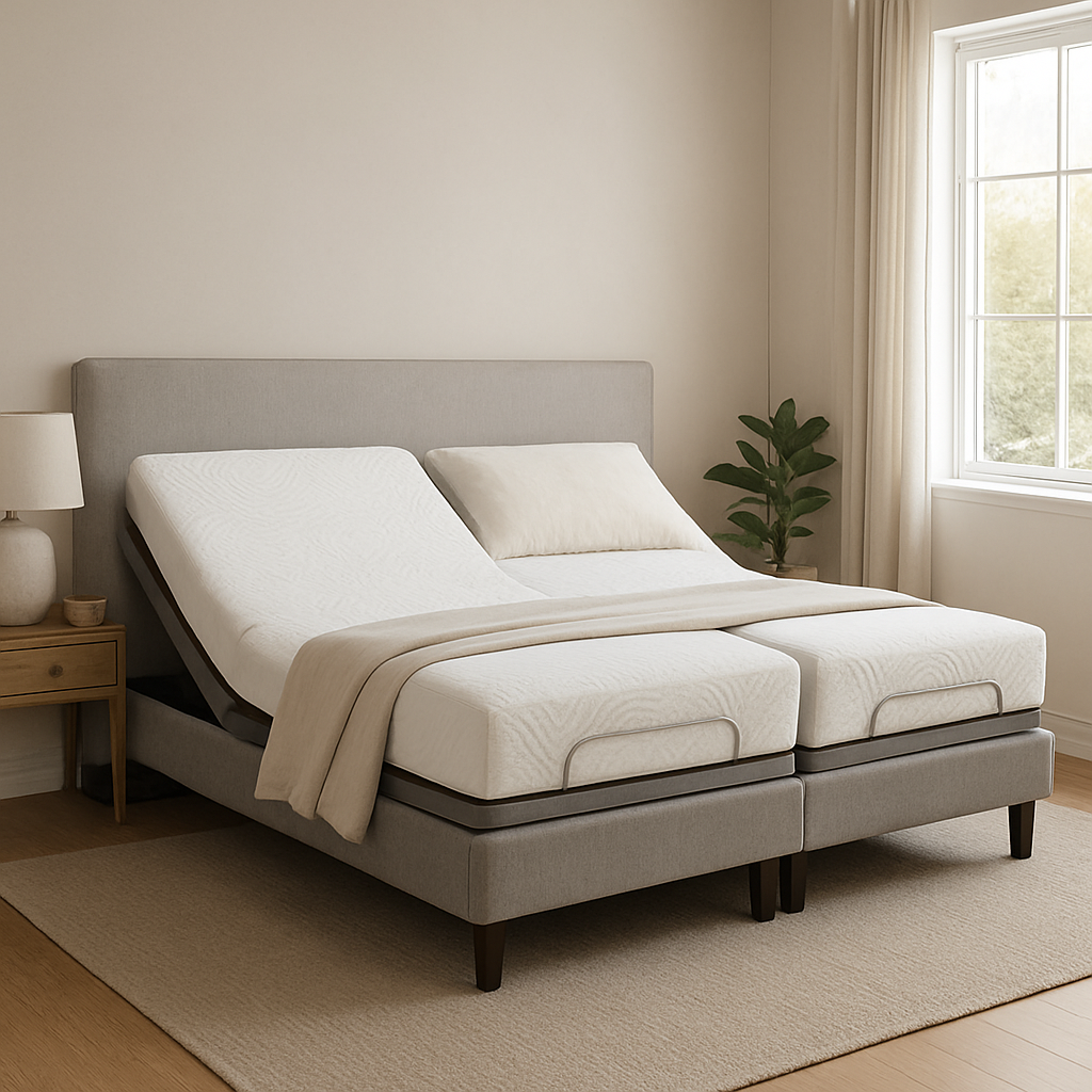 A photorealistic Australian bedroom showing Sleep Sophie split king adjustable bed with two independent bases and a seamless top surface, a wide headboard spanning both sides, and soft natural light. Alt: what is a split king adjustable bed in a real Australian bedroom setup.