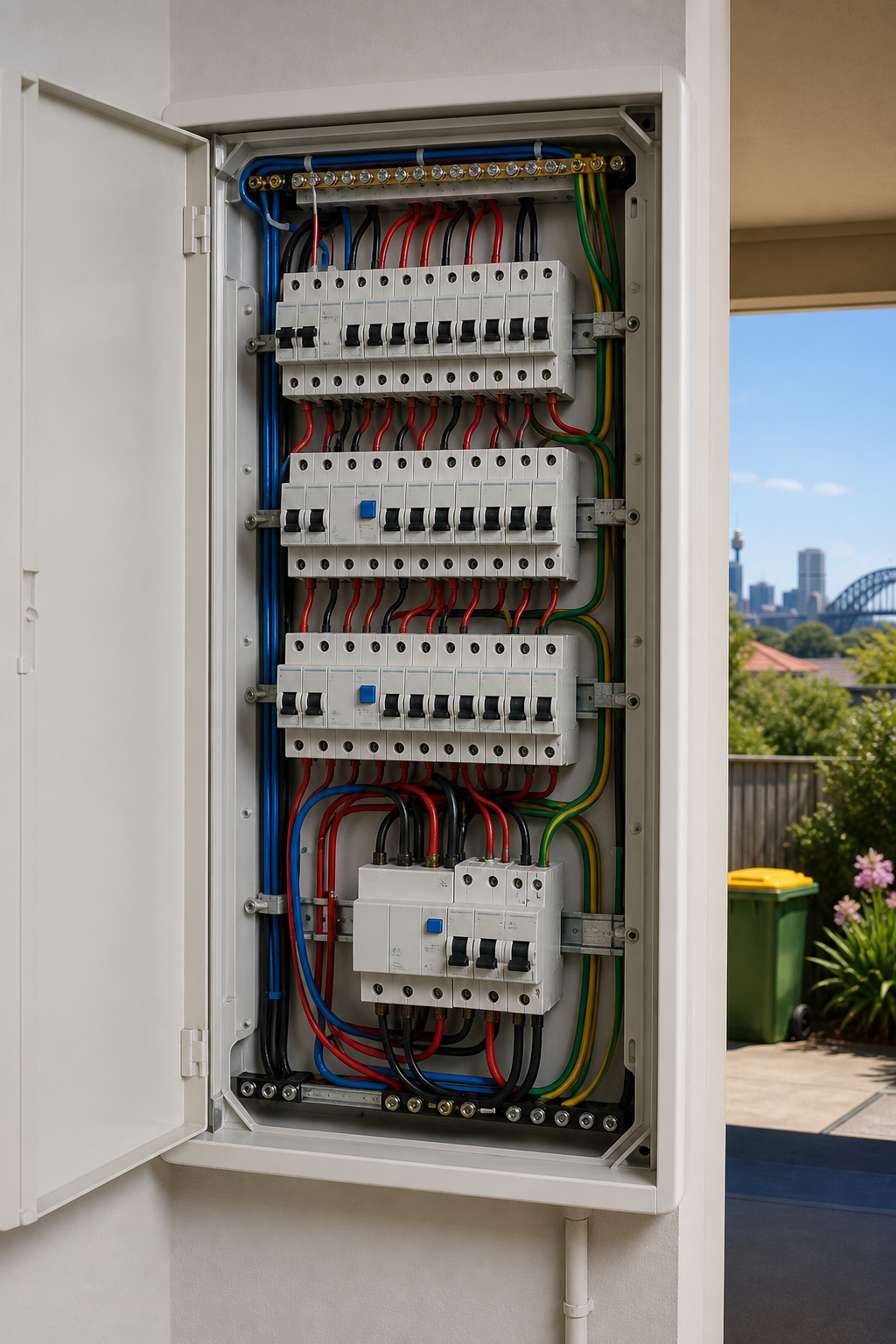 A realistic illustration of a modern residential switchboard with circuit breakers, RCDs, and labeled circuits, showing clear wiring and a clean installation environment. Alt: modern Australian home switchboard upgrade