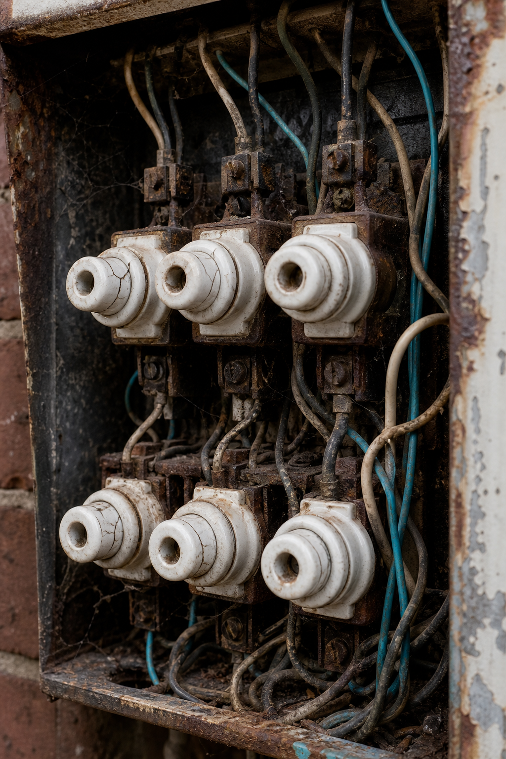 Close‑up of an old switchboard showing cracked ceramic fuses, rusted terminals, and tangled wiring. Alt: hazards of outdated Australian switchboard