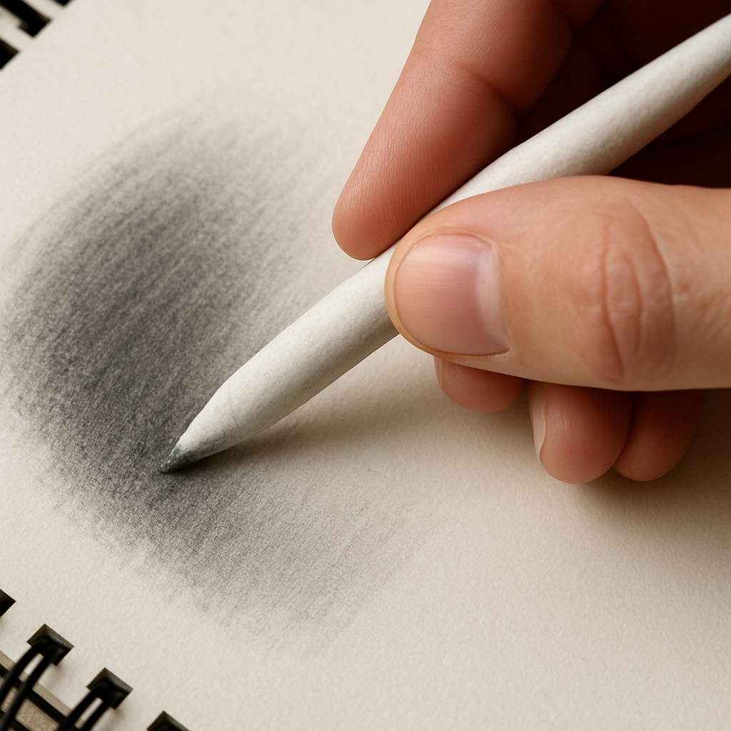A close‑up of a hand gently twisting a paper‑wrapped tortillon on a sketchbook page, showing the soft fibers and a gradient shading example. Alt: tortillon blending tool in use on sketch paper, demonstrating smooth shading technique.