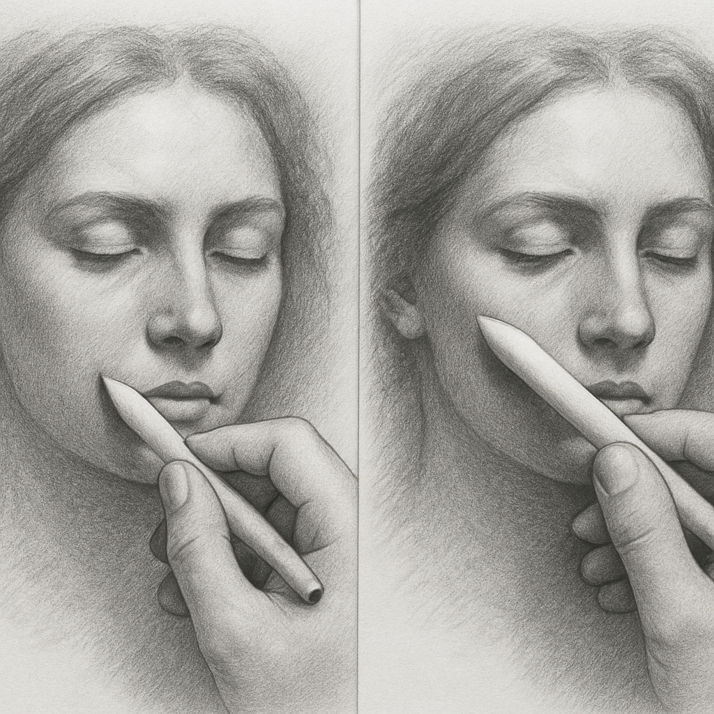 A side‑by‑side AI‑generated illustration showing a hand holding a tortillon and another hand holding a blending stump, both mid‑blend on a graphite portrait. Alt: Comparison of tortillon and blending stump for shading.