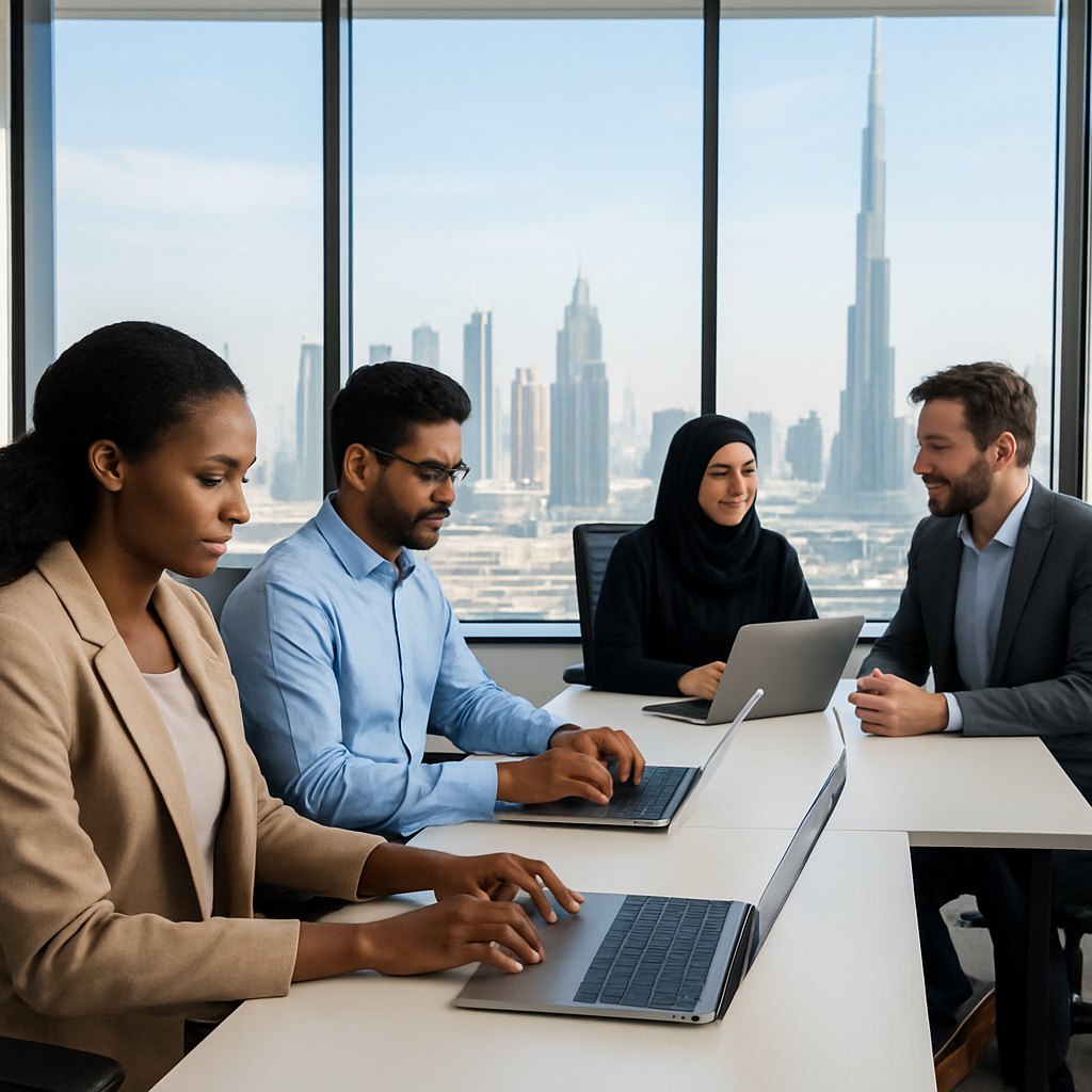 A modern office interior with a diverse team working at laptops, overlooking a city skyline, representing a UAE free zone business environment. Alt: UAE free zone company workspace and team collaboration.