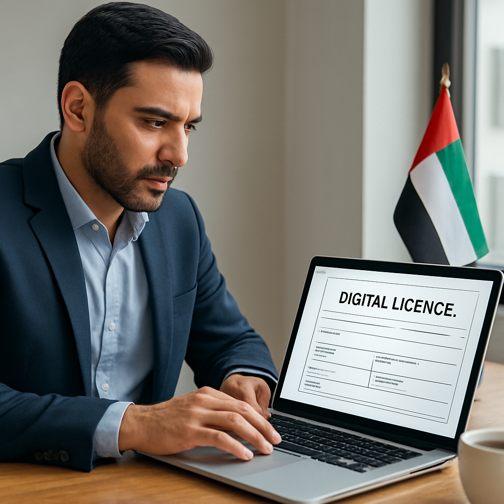 A focused entrepreneur at a desk, reviewing a digital licence PDF on a laptop, with a coffee cup and a UAE flag in the background. Alt: Submitting free zone licence application in the UAE.