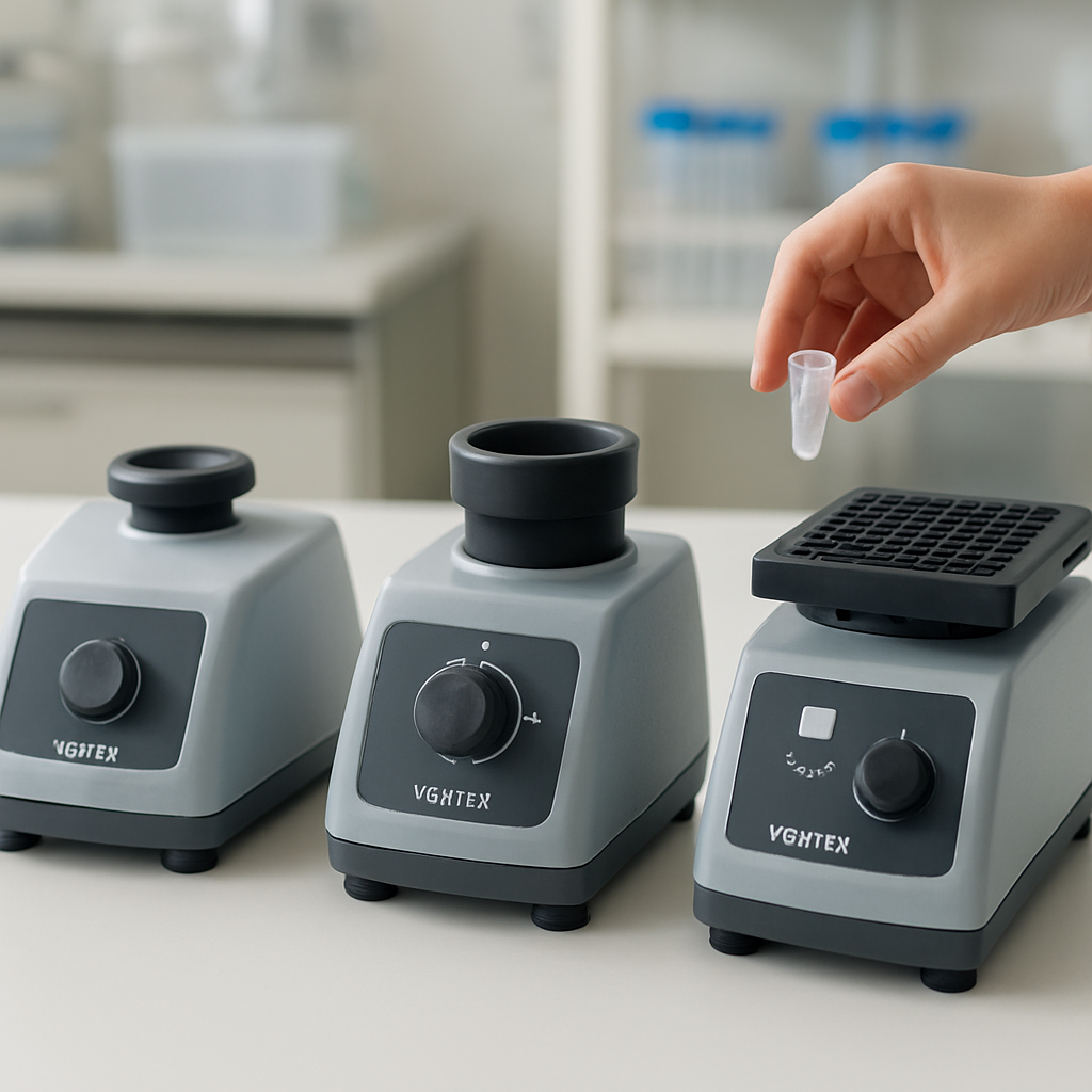 A photorealistic lab bench scene showing three vortex mixers side by side – a compact low‑profile unit, a high‑speed model with a reinforced cup, and a modular mixer with interchangeable heads and a 96‑well plate adapter. Bright, natural lighting highlights the equipment and a researcher’s hand reaching for a tube. Alt: Comparison of vortex mixer models for lab use.