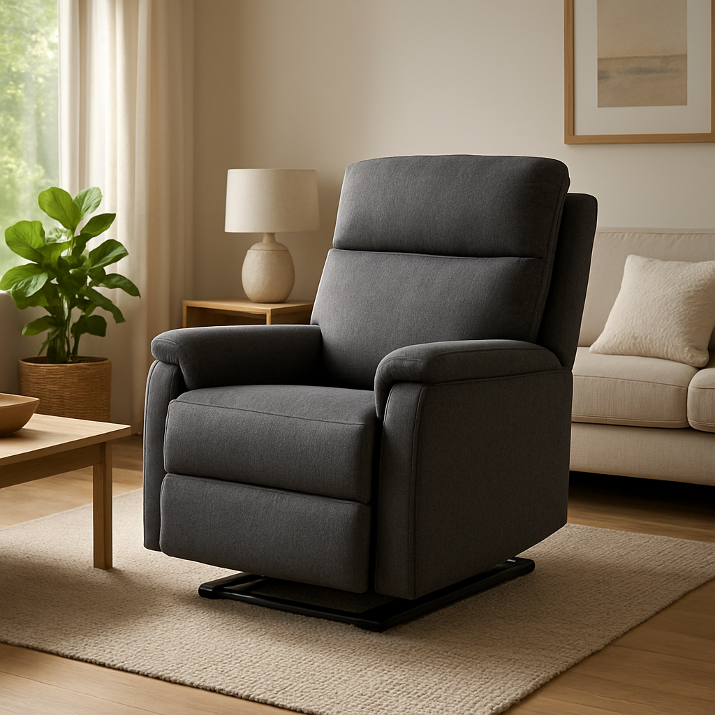 A photorealistic scene of a modern Australian living room featuring a wall hugger recliner sliding forward on a low‑profile track, sunlight spilling onto a cosy rug, showing the chair’s compact footprint and sleek upholstery. Alt: wall hugger recliner design and benefits in a realistic Australian home setting.