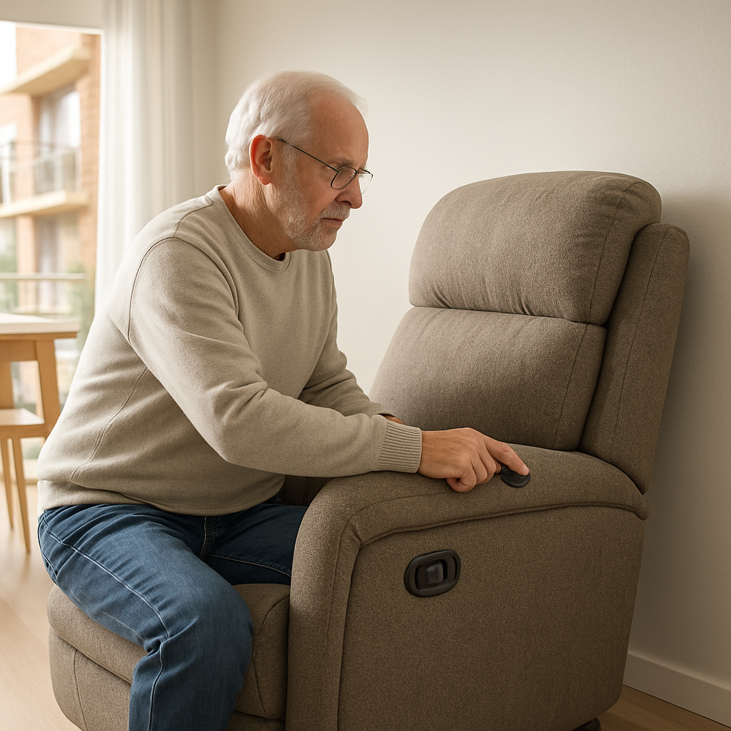 A photorealistic scene of a modern wall‑hugger recliner placed inches from a freshly painted wall in a bright Australian studio apartment, an elderly user pressing the recline button, soft natural lighting, Realism style. Alt: Wall hugger recliner maintenance and wall protection tips