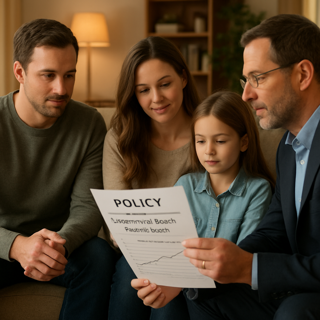 A realistic portrait of a family reviewing policy documents with a financial advisor in a cozy living room, highlighting the concept of an accelerated death benefit rider and its impact on future payouts. Alt: family discussing life insurance benefits.