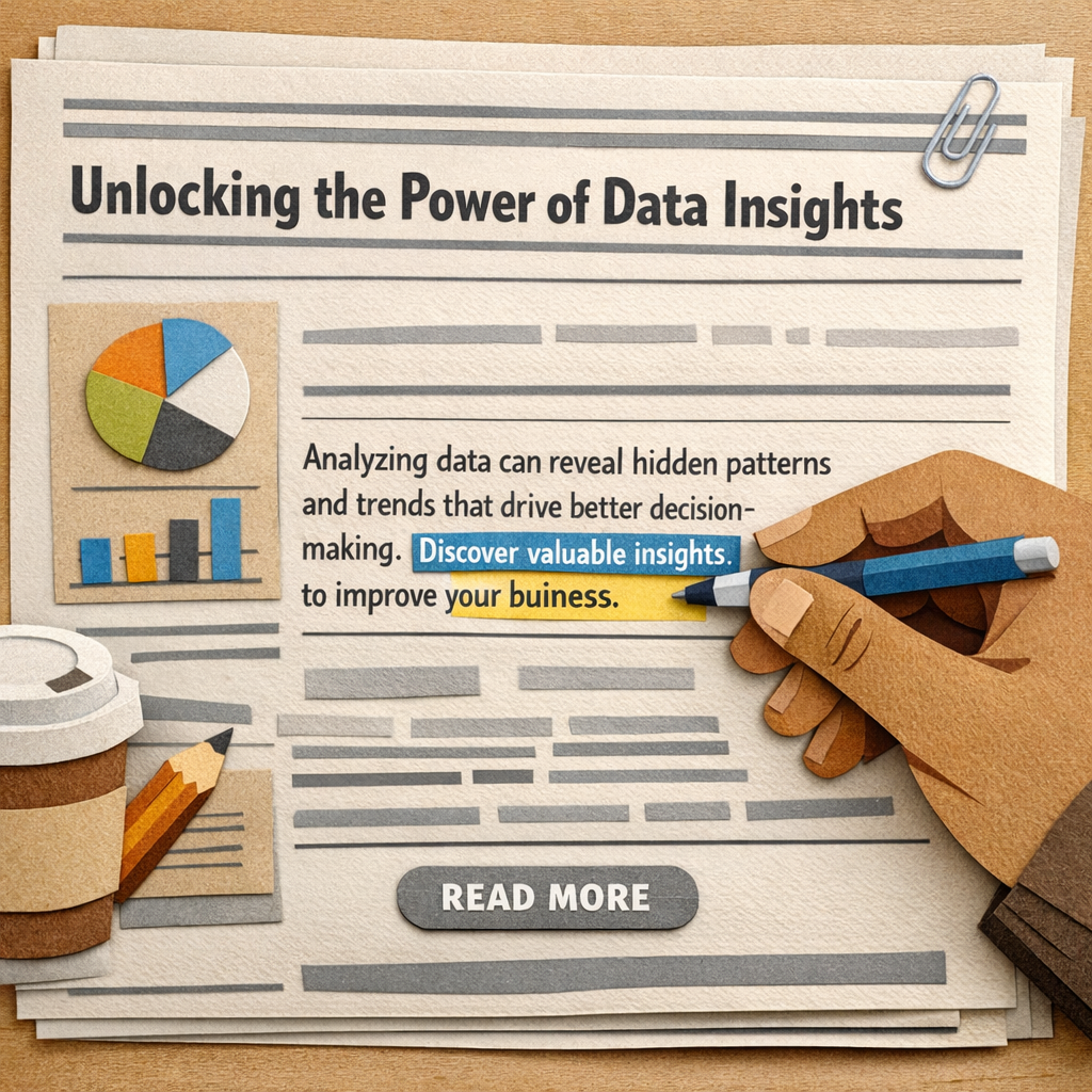 A Papercraft style illustration of a newspaper article with a highlighted hyperlink, showing a writer’s hand adding the link to a paragraph about data insights, alt: editorial link concept in papercraft.