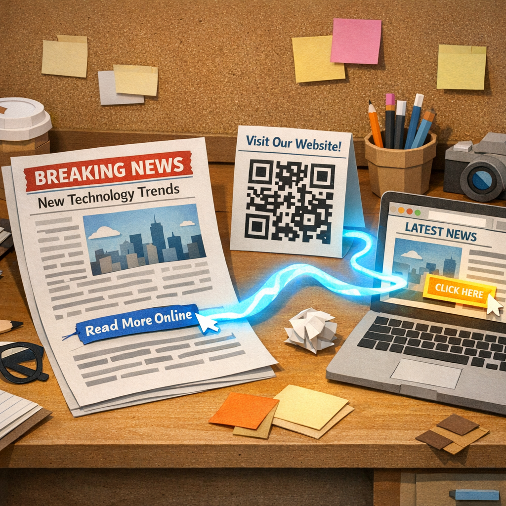 A Papercraft illustration of a journalist’s desk with a printed article, a QR code on a flyer, and a glowing hyperlink connecting the print to a website, highlighting the flow of editorial links. Alt: Papercraft visual of editorial link workflow linking print and web.