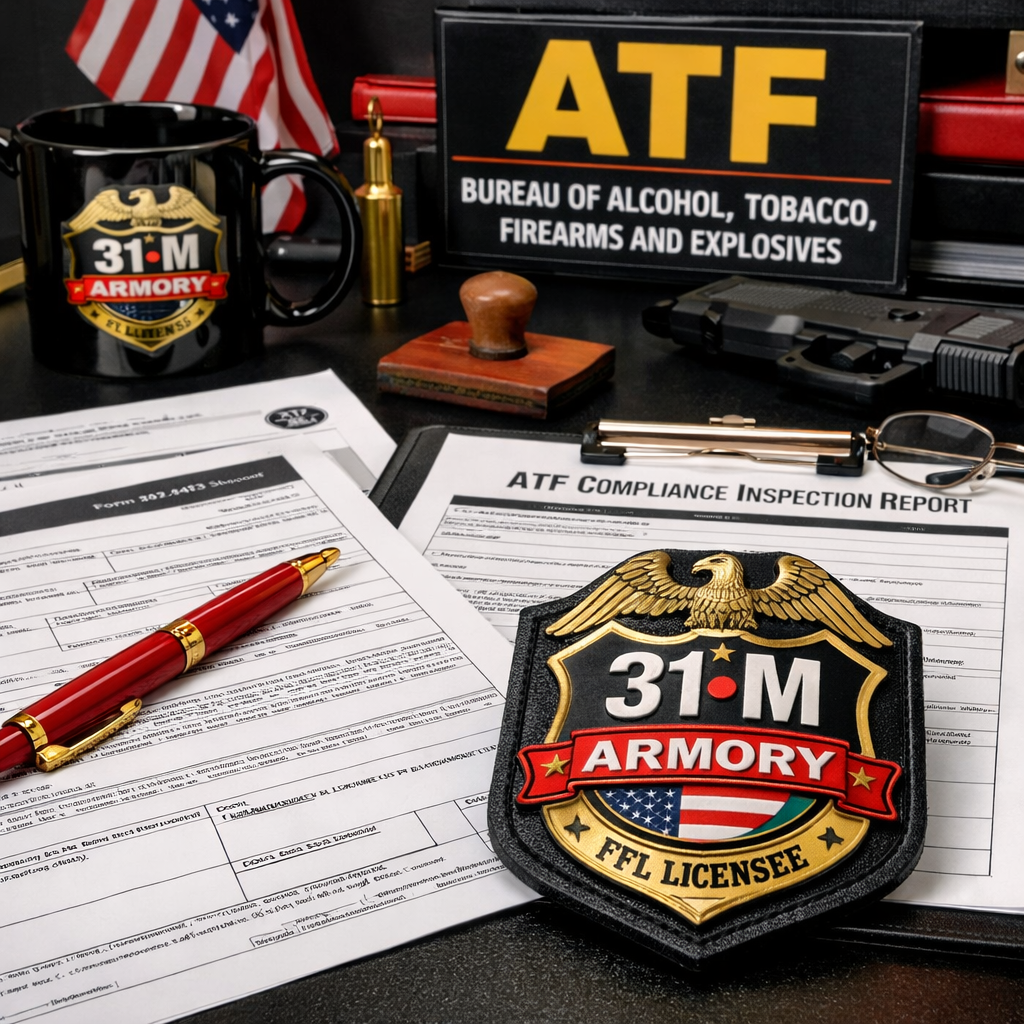 A realistic scene of a federal firearms license office with paperwork and a badge on a desk. Alt: federal firearms license office, legal paperwork, ATF compliance