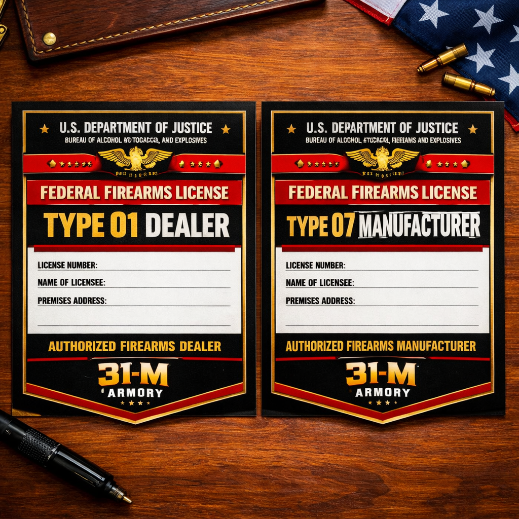 Realistic illustration of two license documents side by side, one labeled Type 01 Dealer, the other Type 07 Manufacturer, on a wooden desk. Alt: comparison of FFL license types