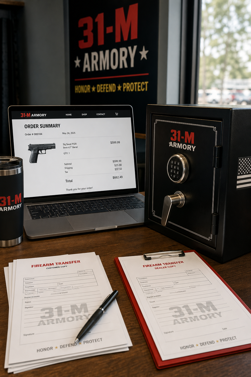 A detailed, photorealistic image showing an online firearm listing turning into a transfer at a local shop. Alt: online gun transfer process realism