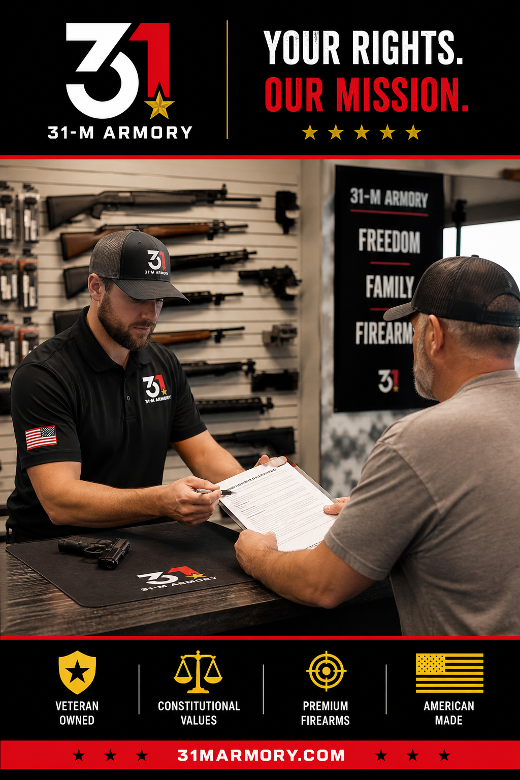 A realistic image showing a buyer and seller exchanging firearms paperwork at a transfer desk. Alt: private-party transfer at a dealer
