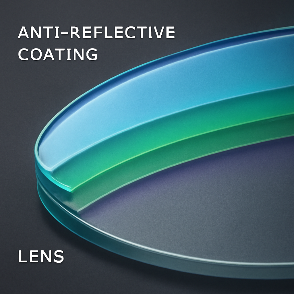 A close‑up illustration of anti‑reflective coating layers on a lens surface. Alt: anti‑reflective coating structure on eyeglass lenses.