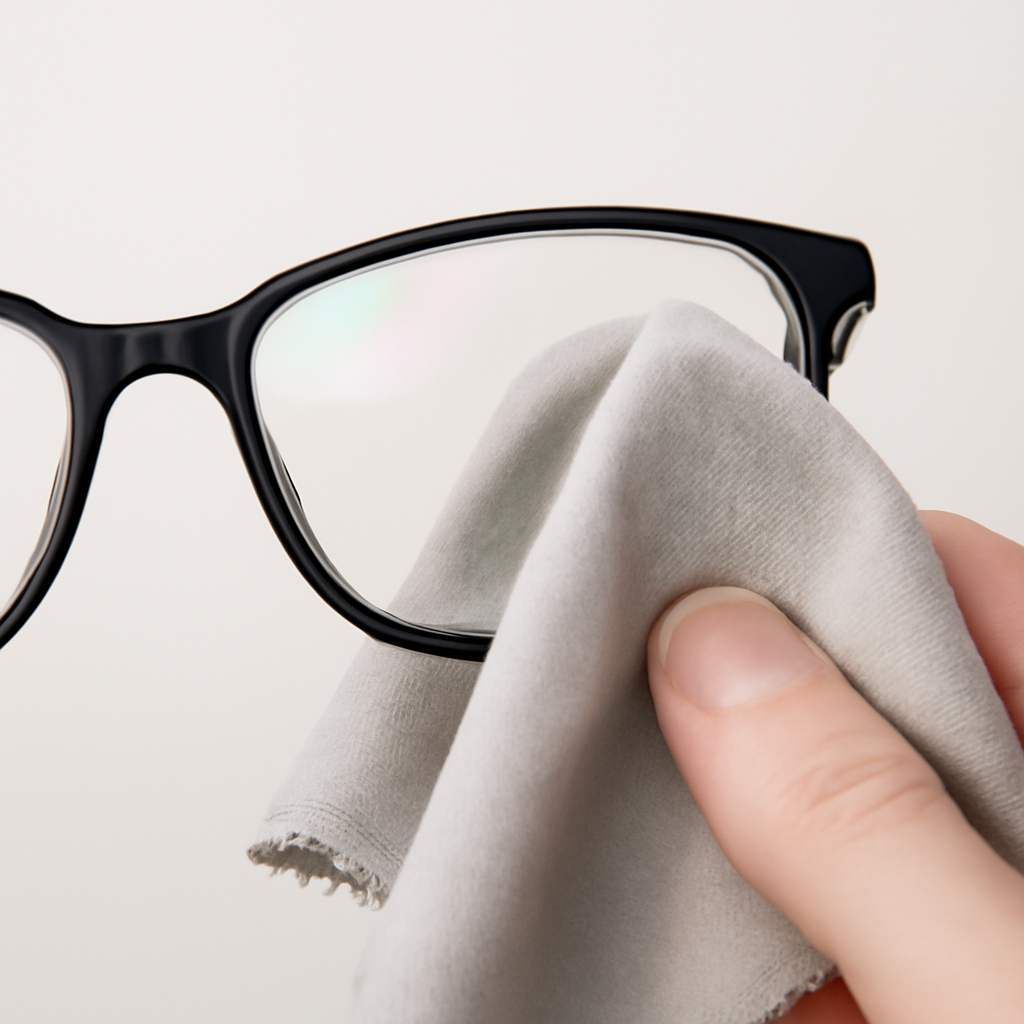 A close‑up of a pair of glasses with an anti‑reflective coating, a microfiber cloth gently wiping the lenses, set against a clean, light‑colored backdrop. Alt: Microfiber cloth cleaning anti‑reflective coated glasses