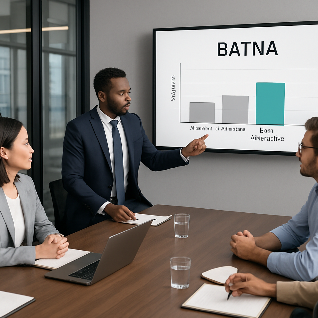 A sleek, modern office meeting room with a diverse group of professionals gathered around a table, discussing a chart that shows multiple negotiation alternatives and a highlighted best alternative. Alt: BATNA negotiation framework illustration showing alternatives and best option.