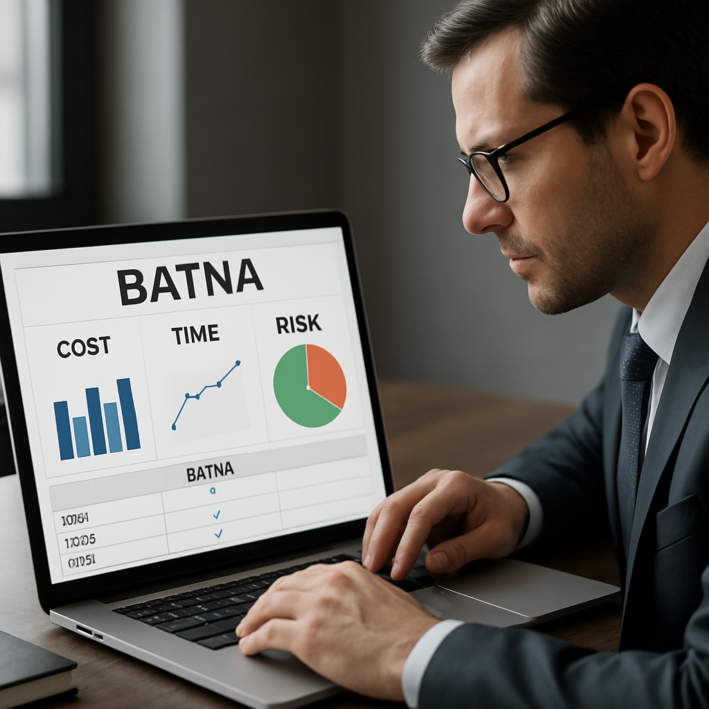 A professional negotiator reviewing a dynamic BATNA dashboard on a laptop, with charts showing cost, time, and risk metrics. Alt: Visual of a negotiator analyzing a live BATNA worksheet with multiple criteria.