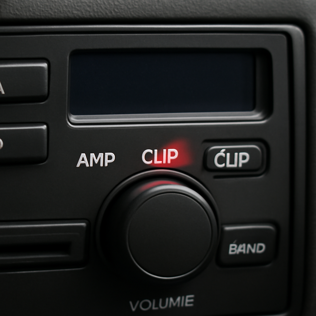 A car dashboard showing an amplifier’s clip LED lighting up. Alt: Head unit with bright clip indicator.