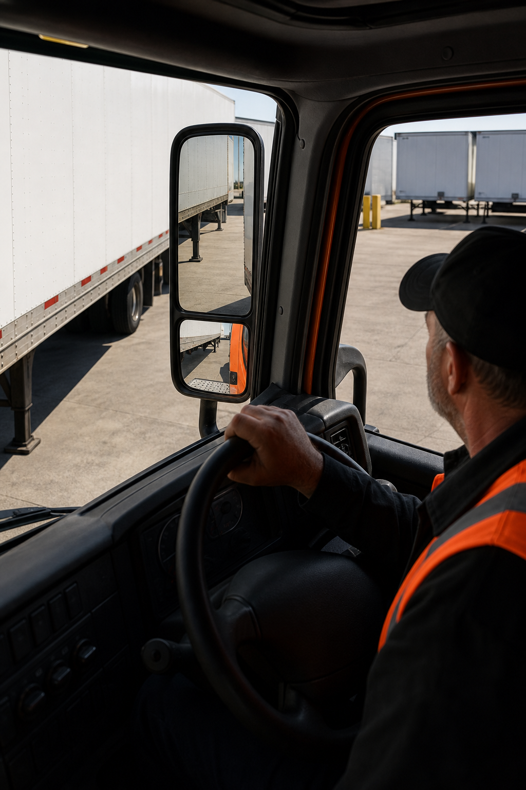 A photorealistic shot from inside the cab of a semi-truck backing up to a trailer in a well-lit distribution yard, with the fifth wheel visible in the mirror. Alt: Drop and hook truck driver backing under a trailer in a yard