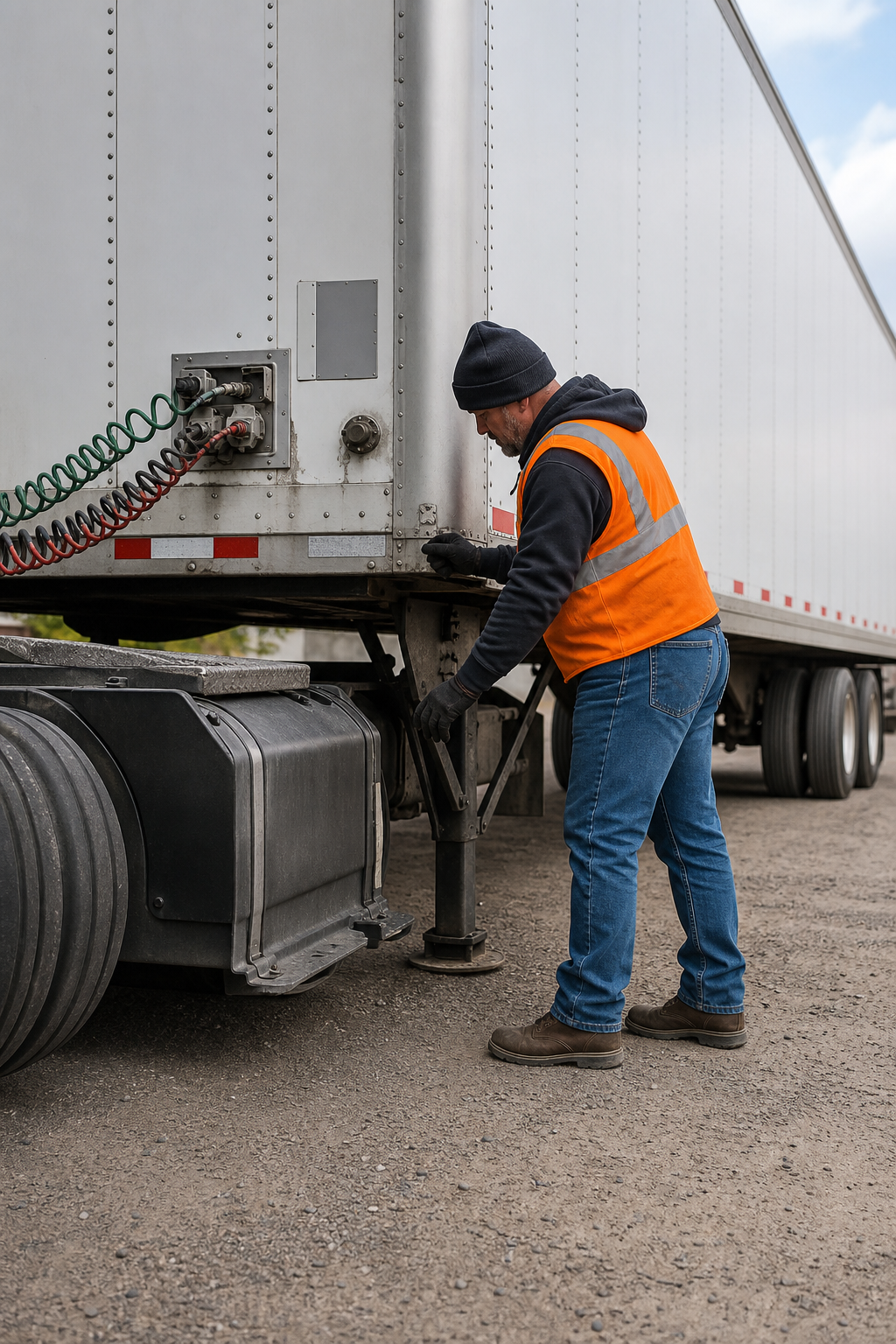 A wide-angle shot of a truck driver standing on solid ground beside a trailer, checking the landing gear and glad hands, with a safety vest on. Alt: Truck driver inspecting trailer connections during a drop and hook process