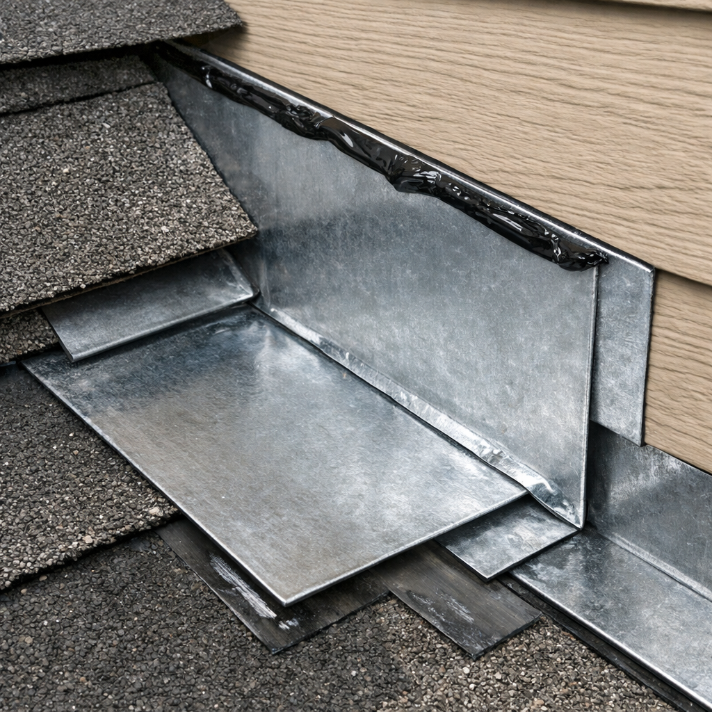 A realistic close‑up of metal flashing pieces installed on a roof‑wall junction, showing overlap and sealant. Alt: roof flashing installation detail