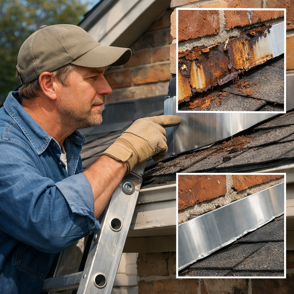 A realistic illustration of a homeowner inspecting roof flashing from a safe ladder, showing close‑up of rusted and intact pieces. Alt: roof flashing maintenance inspection