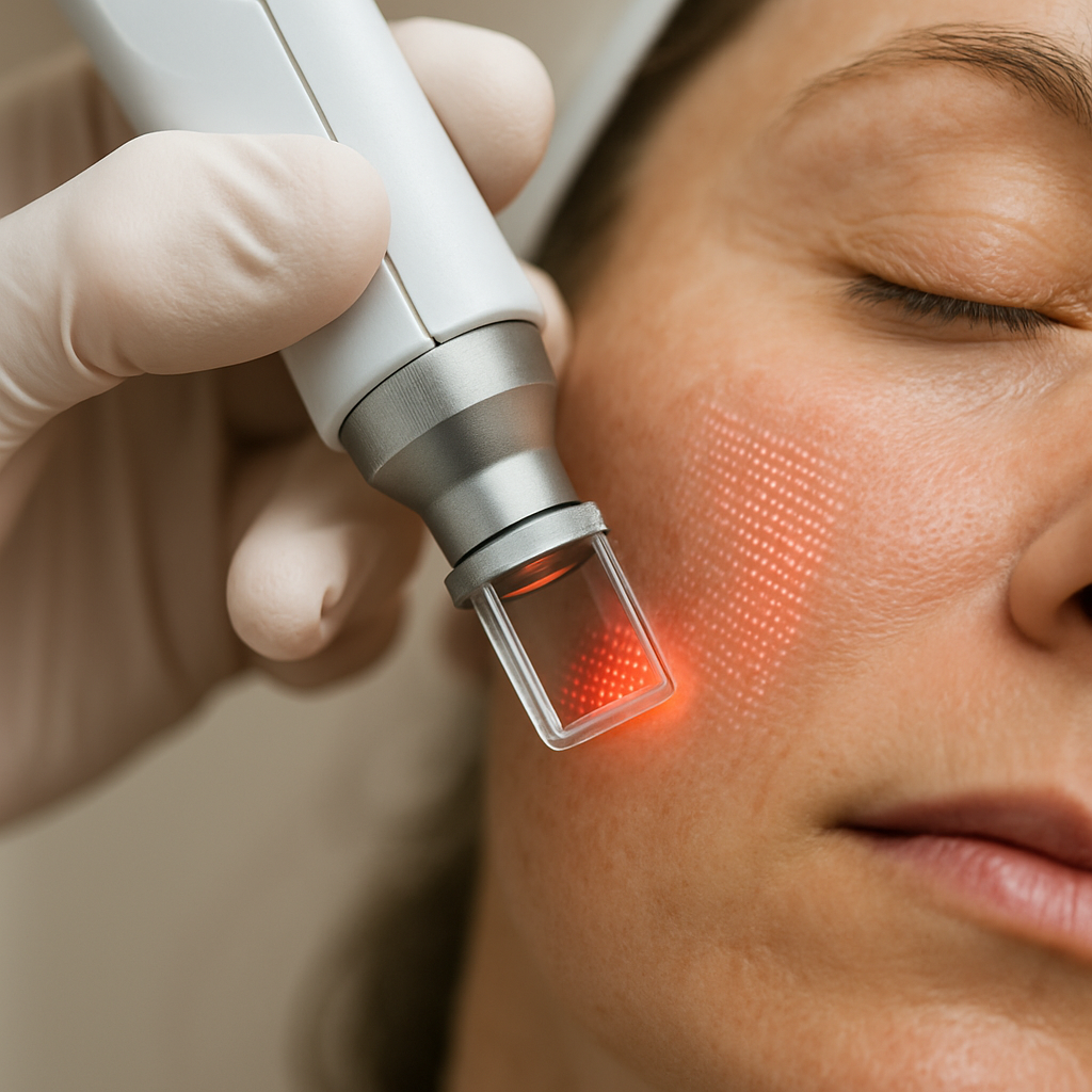 A close‑up of a dermatologist’s hand holding a fractional laser device over a patient’s cheek, showing tiny pinpoint light patterns penetrating the skin. Alt: fractional laser technology creating micro‑thermal zones for skin rejuvenation.