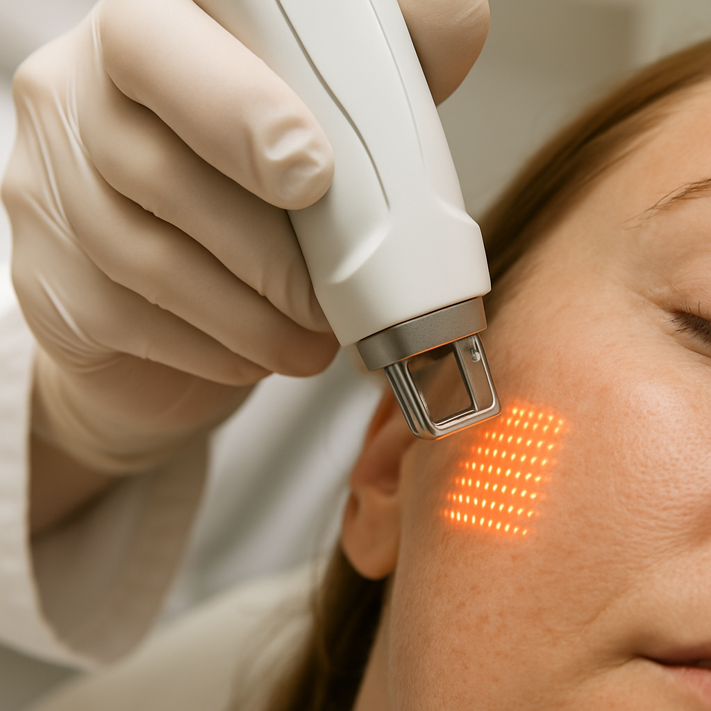 A close‑up of a dermatologist’s hand holding a fractional laser device over a patient’s cheek, showing tiny pinpoint light patterns creating micro‑thermal zones. Alt: Fractional laser treatment creating micro‑thermal zones for skin rejuvenation