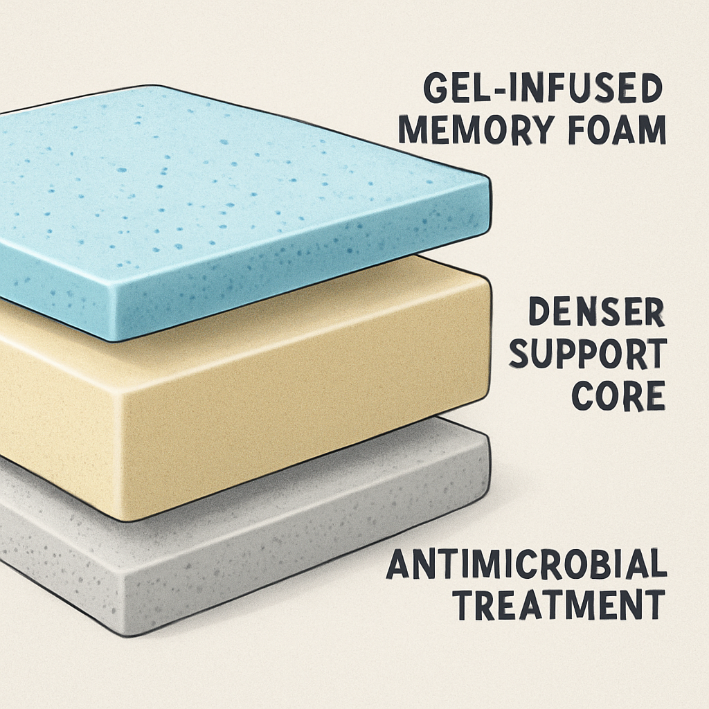 A cross‑section illustration showing a gel‑infused memory foam top layer, a denser support core, and an antimicrobial treatment layer. Alt: Gel memory foam mattress layer stack comparison with traditional memory foam.