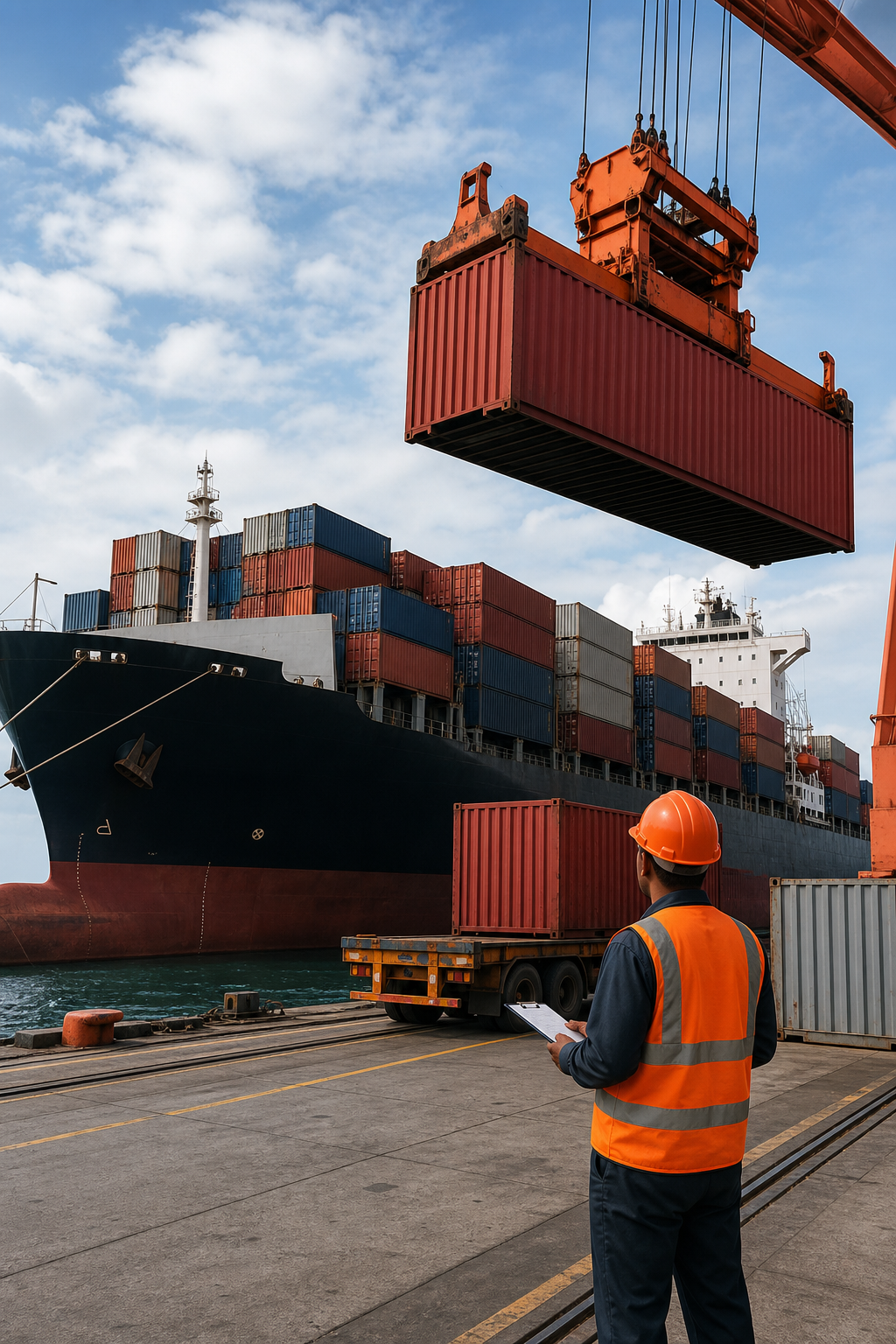 A photorealistic scene of a cargo ship at sea with containers being unloaded by crane, illustrating a typical cargo dispute setting. Alt: maritime cargo dispute illustration