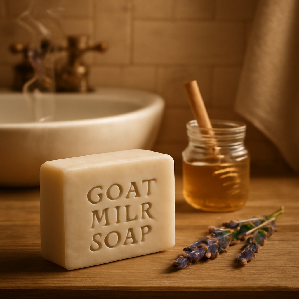 A warm, inviting bathroom scene with a soft bar of goat milk soap on a wooden counter. The image shows a gentle steam curl, a lavender sprig, and a small jar of honey. Alt: Goat Milk Soap in a Rustic Bathroom Setting.