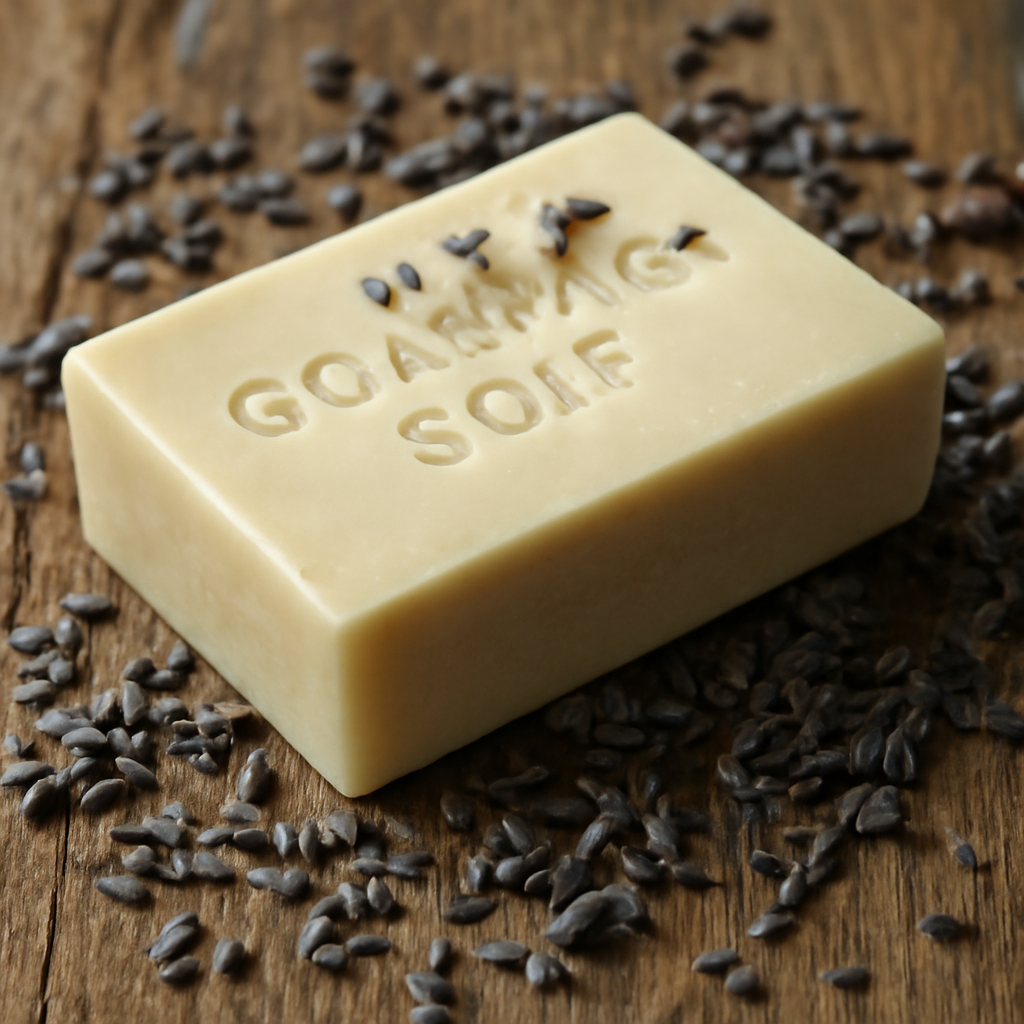 A rustic wooden table showcasing a creamy goat milk soap bar surrounded by dried lavender buds. Alt: Goat Milk Soap Bar with Lavender