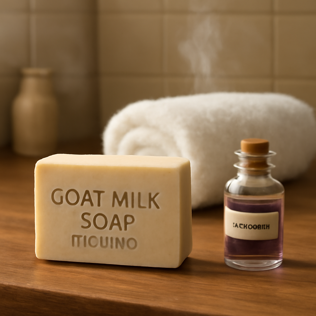 A cozy bathroom scene with a goat milk soap bar on a wooden counter, a steaming towel, and a small jar of lavender essential oil. Alt: Goat milk soap promoting healing properties