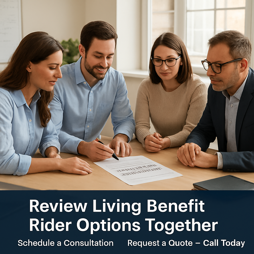 A small business office with a team gathered around a table reviewing a health insurance policy together. Alt: Small business team reviewing living‑benefit rider options together.
