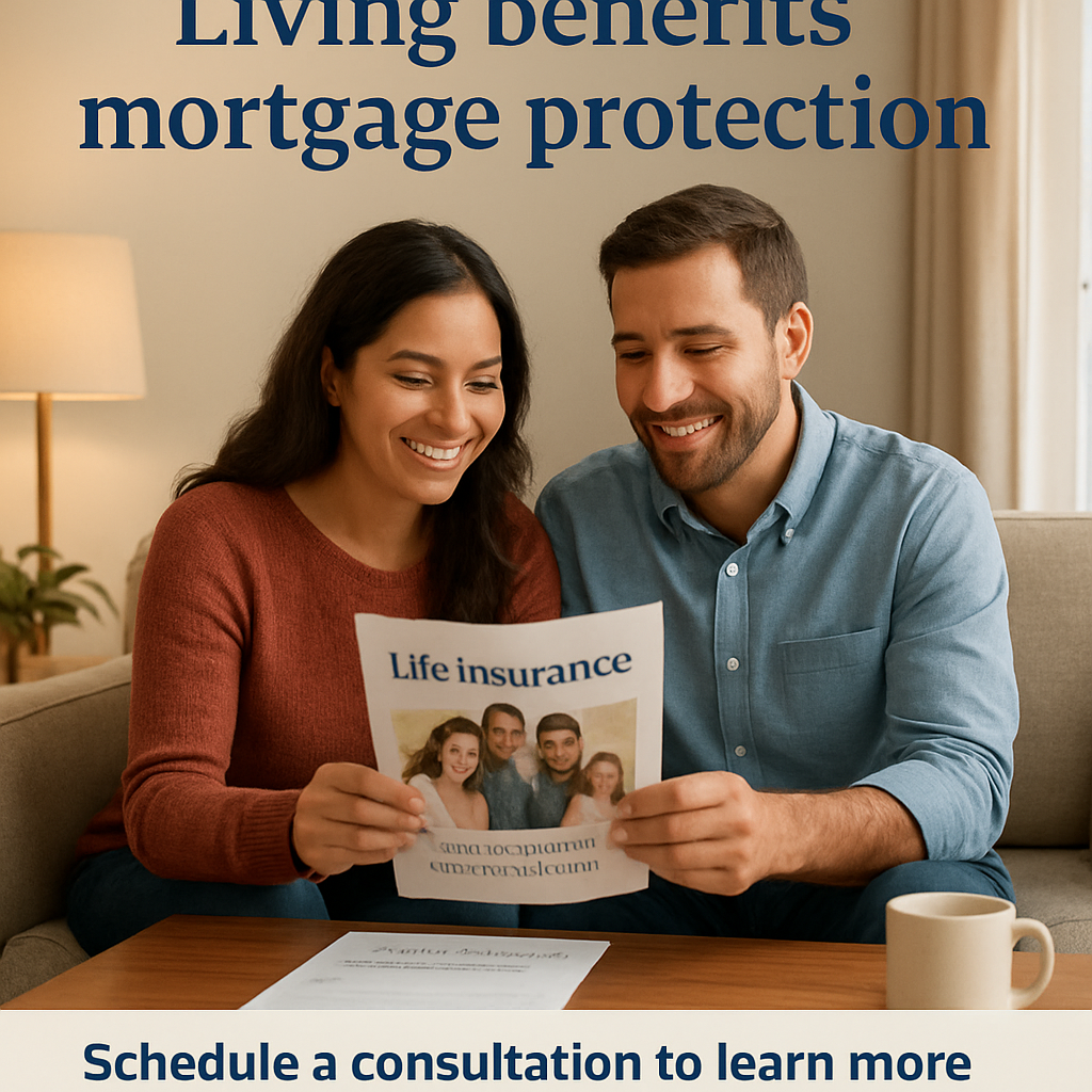 A cozy living room with a mortgage statement on the coffee table, a couple smiling while reviewing a life‑insurance brochure. Alt: Living benefits mortgage protection illustration
