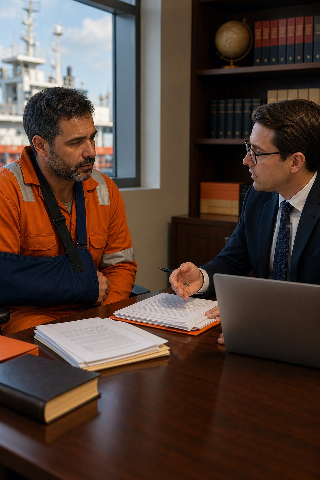 A photorealistic image of an injured maritime worker meeting with a lawyer at a desk, with papers and a laptop. Alt: Injured seaman consulting with maritime attorney about claim.