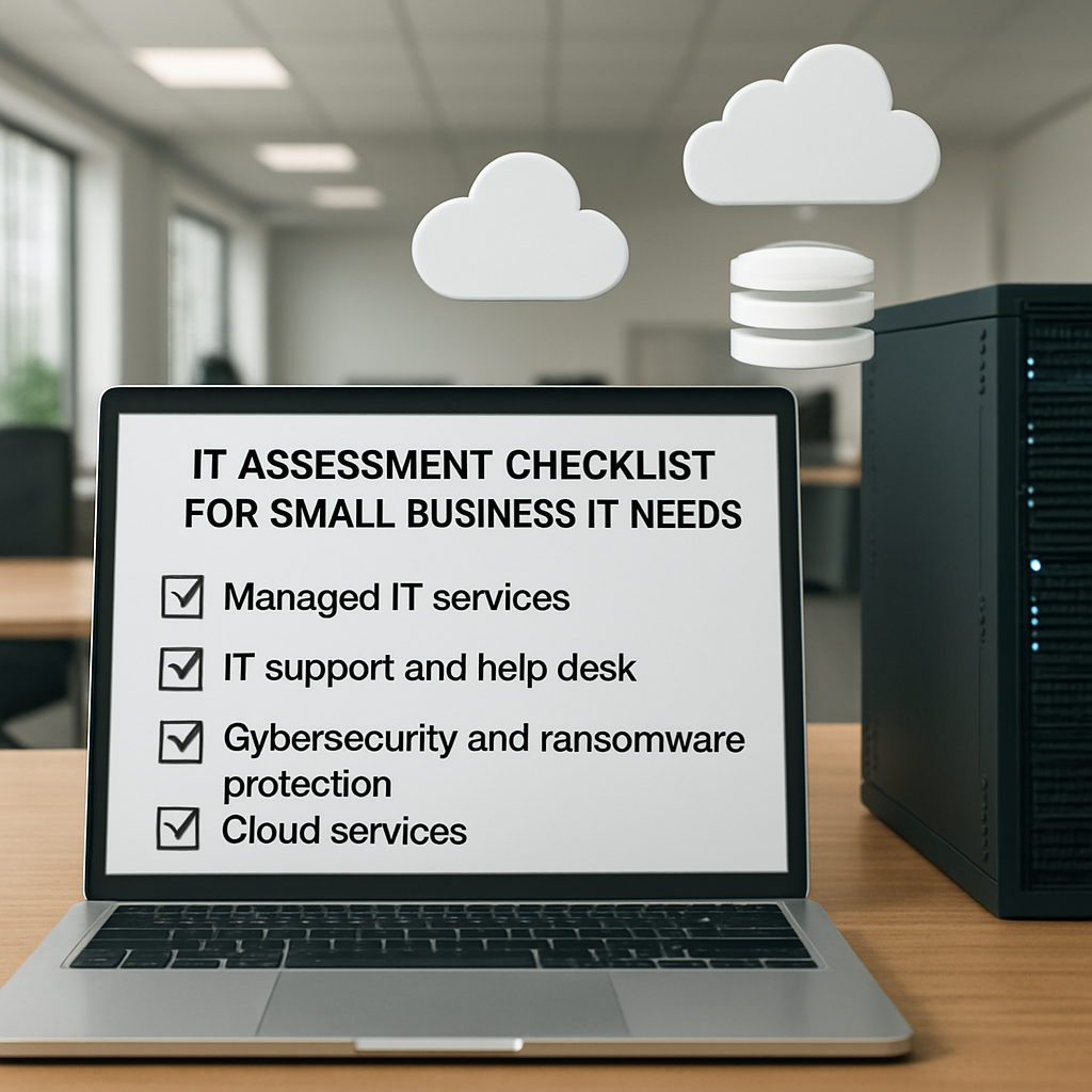 IT assessment checklist on laptop screen for small business needs, featuring items like managed IT services, IT support, cybersecurity, and cloud services, with a modern office background.