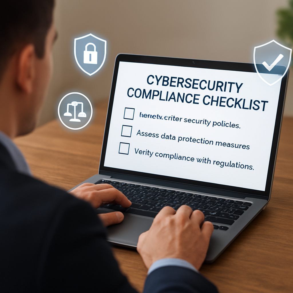 Person reviewing a cybersecurity compliance checklist on a laptop, emphasizing security policies, data protection measures, and regulatory compliance, relevant to managed IT services for SMBs.