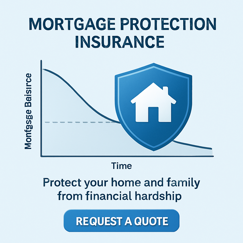 A clean infographic showing a mortgage balance line gradually decreasing, with an overlay of a shield icon representing mortgage protection insurance. Alt: Diagram of mortgage protection insurance basics and payout flow.