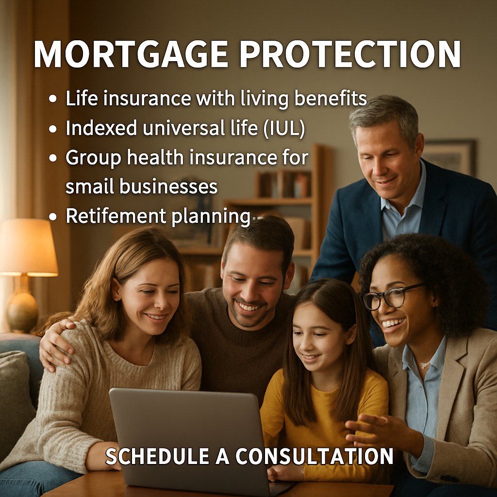 A warm living room scene where a family, a teacher, and a small business owner gather around a laptop reviewing mortgage protection options. Alt: mortgage protection insurance benefits for homeowners, teachers, and small business owners.