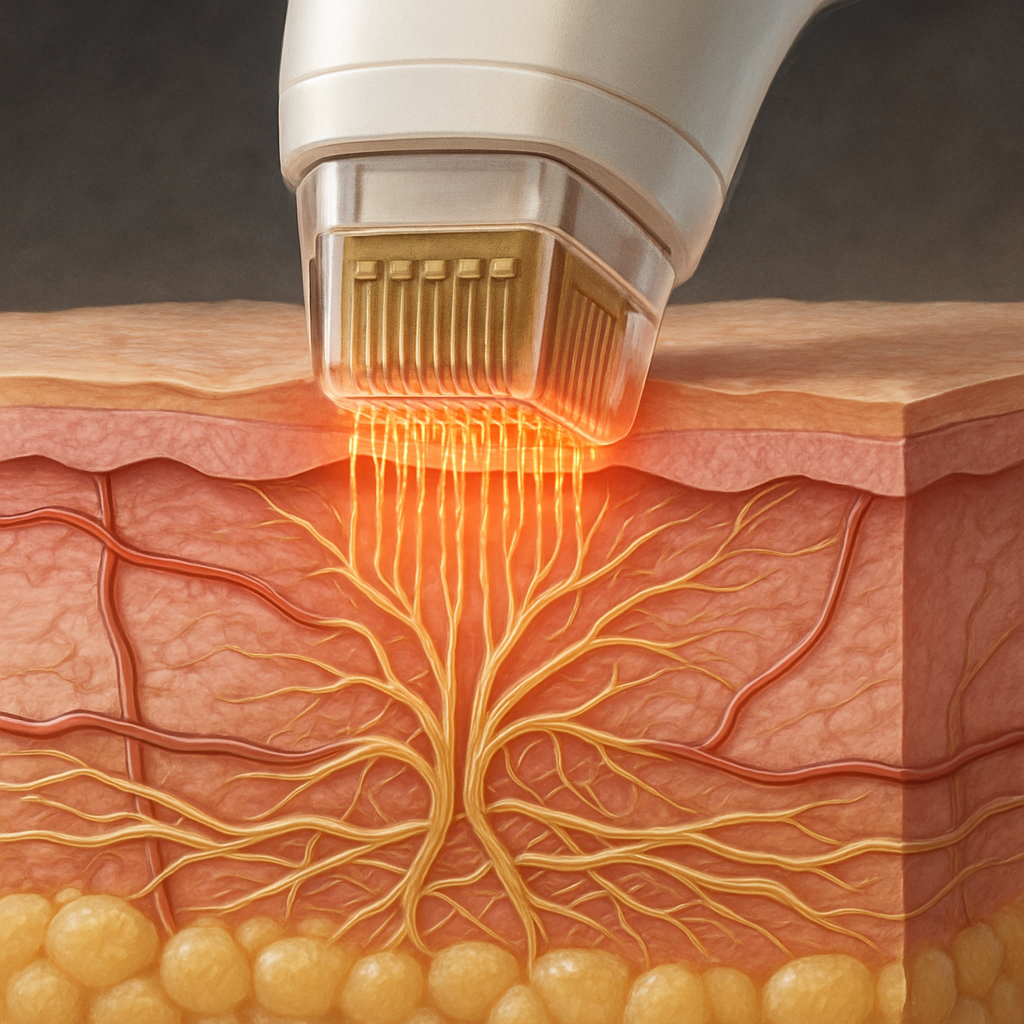 A close-up illustration showing radiofrequency microneedling technology penetrating skin layers, highlighting collagen stimulation and skin tightening effects. Alt: RF microneedling device depicting collagen regeneration beneath skin surface
