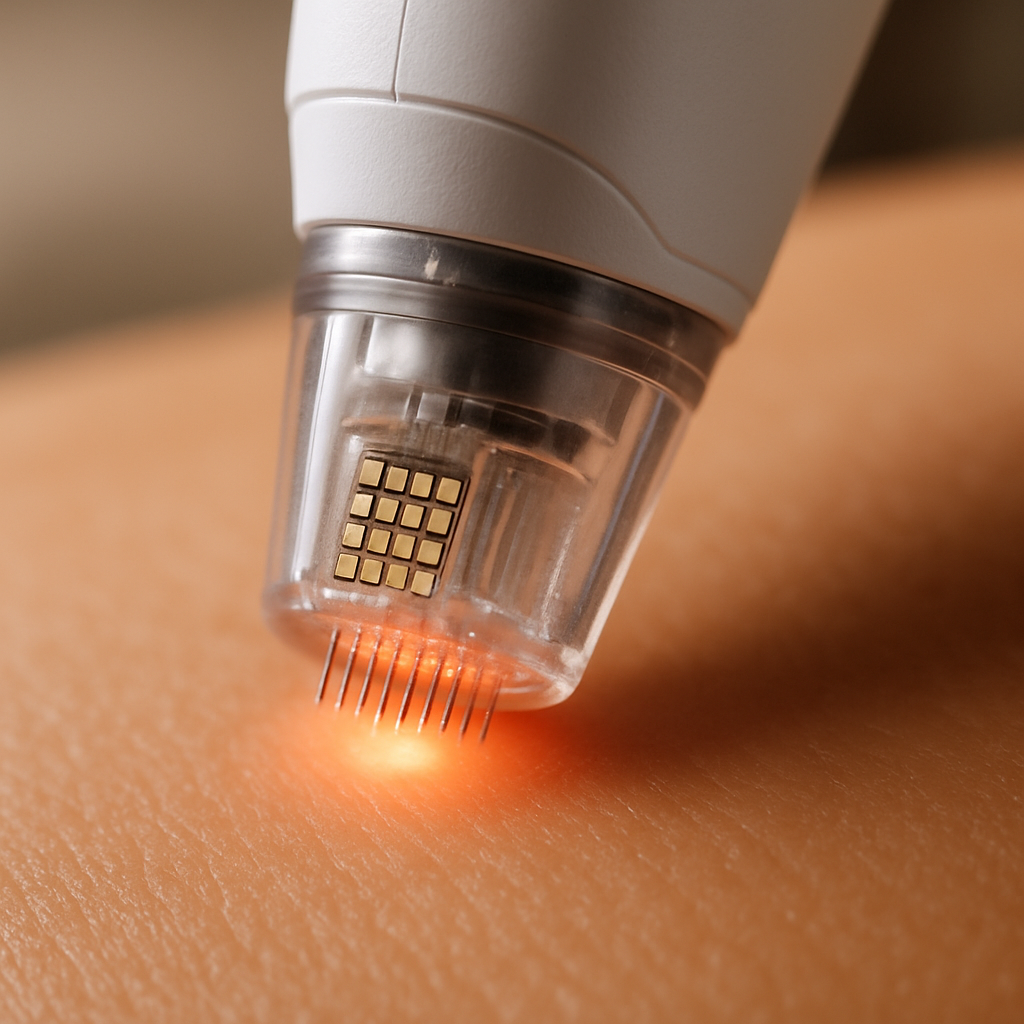 Close-up of a professional RF microneedling device in action on healthy skin. Alt: RF microneedling treatment showing precision needle and radiofrequency energy rejuvenating skin.