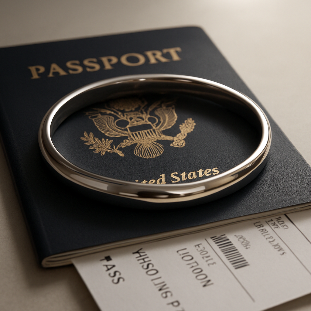 A sleek, rhodium‑plated silver bangle resting on a passport and boarding pass, soft natural light highlighting its mirror finish. Alt: Rhodium plated jewelry travel accessories