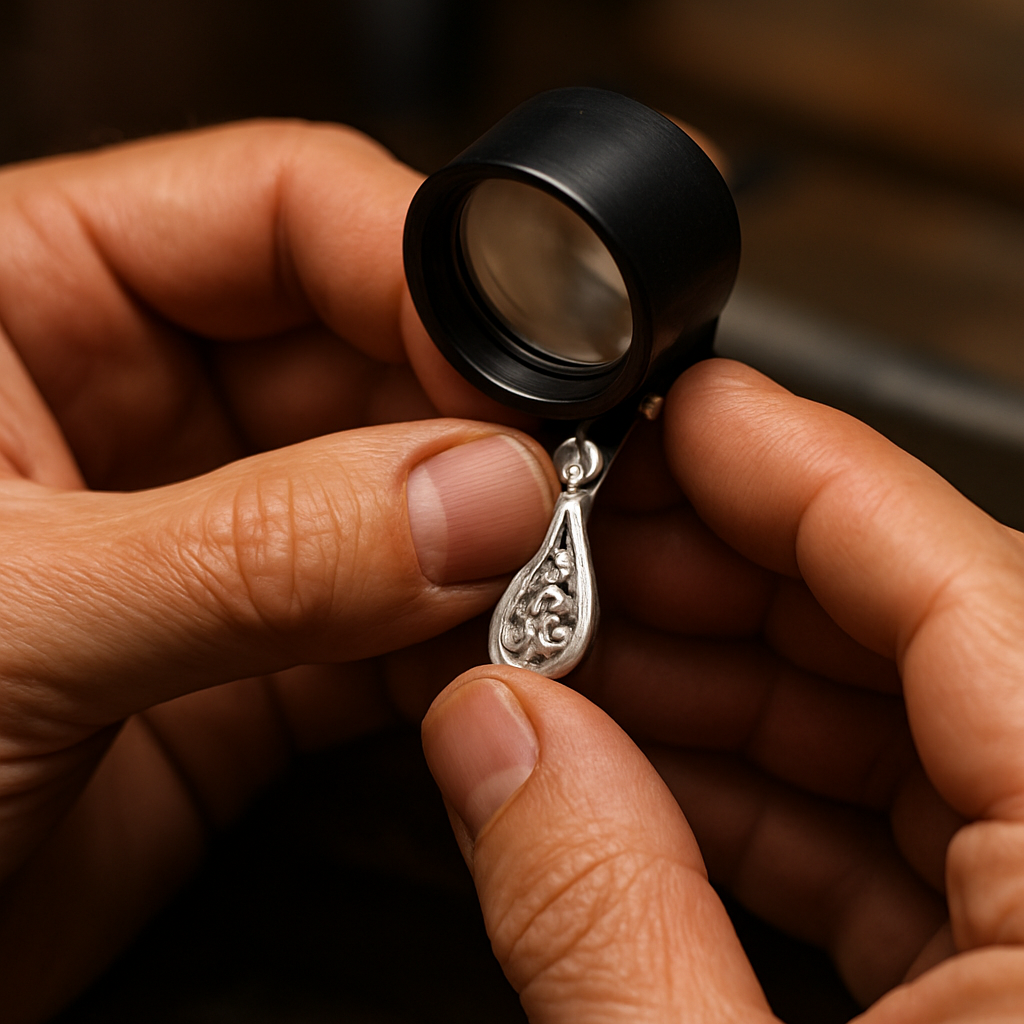 A close‑up of a skilled jeweler’s hands holding a small silver pendant under a loupe, with a faint rhodium‑plated sheen reflecting light. Alt: Choosing a jeweler for rhodium plated jewelry, expert inspection and care.