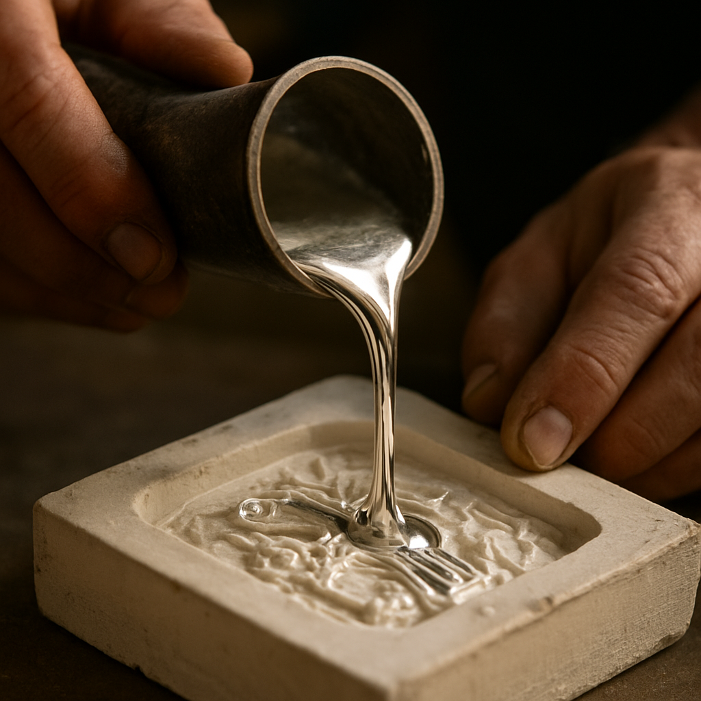 A close‑up of a silversmith’s hands pouring molten S925 alloy into a plaster mold, showing the bright liquid metal filling intricate details. Alt: 