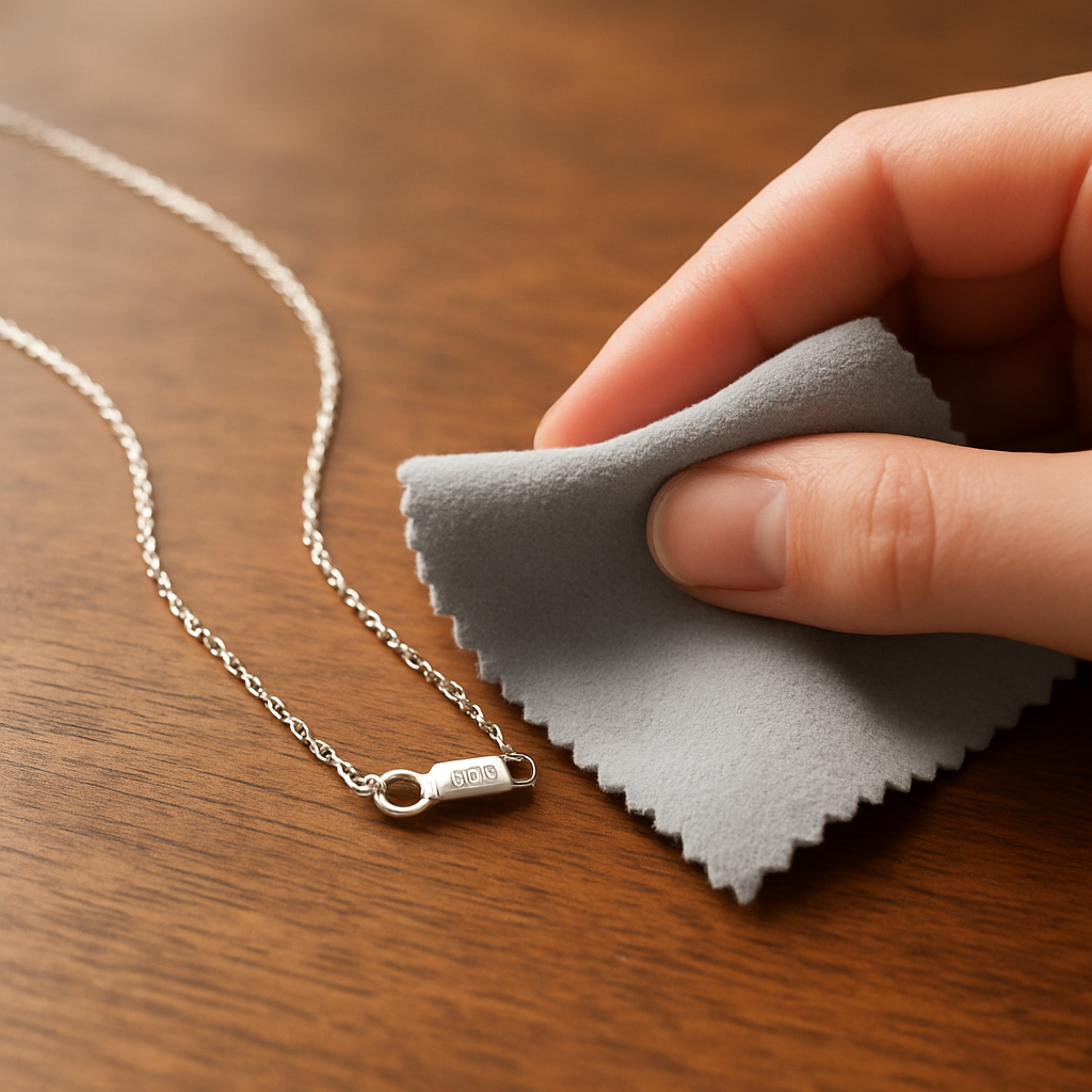 A close‑up of a hand gently polishing a S925 silver necklace with a microfiber cloth on a wooden table, soft natural light highlighting the shine. Alt: Caring for S925 sterling silver maintenance tips.